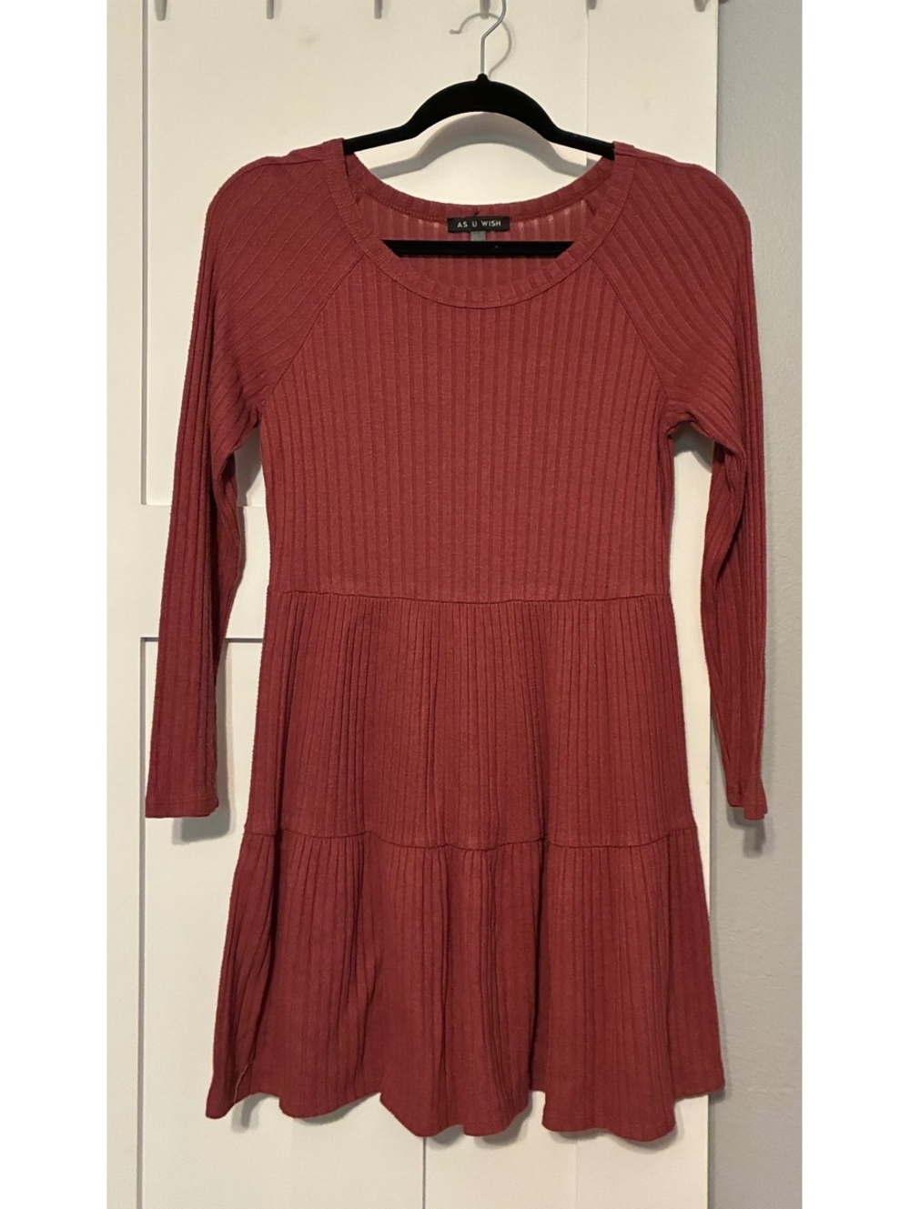 As U Wish Rust Ribbed Tiered Long Sleeve Dress - Size Small